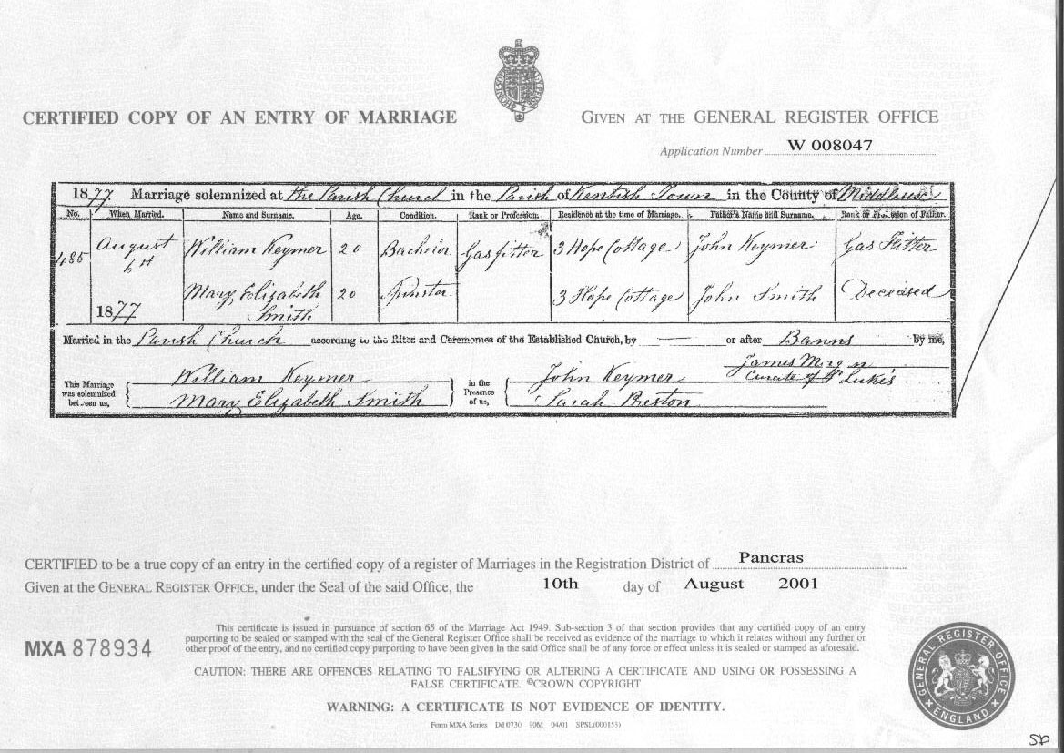 Marriage Certificate 1877 William Keymer x Mary Smith